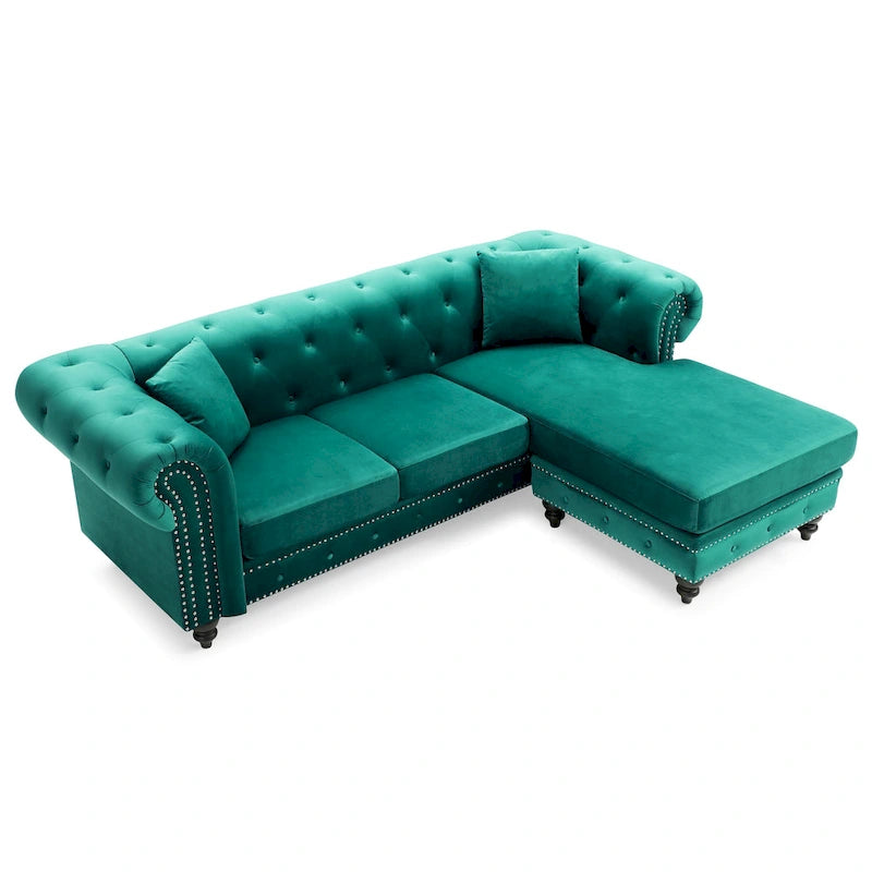 Traditional Velvet Sofa with Configurable Chaise — Nailhead Trim, Seats 3