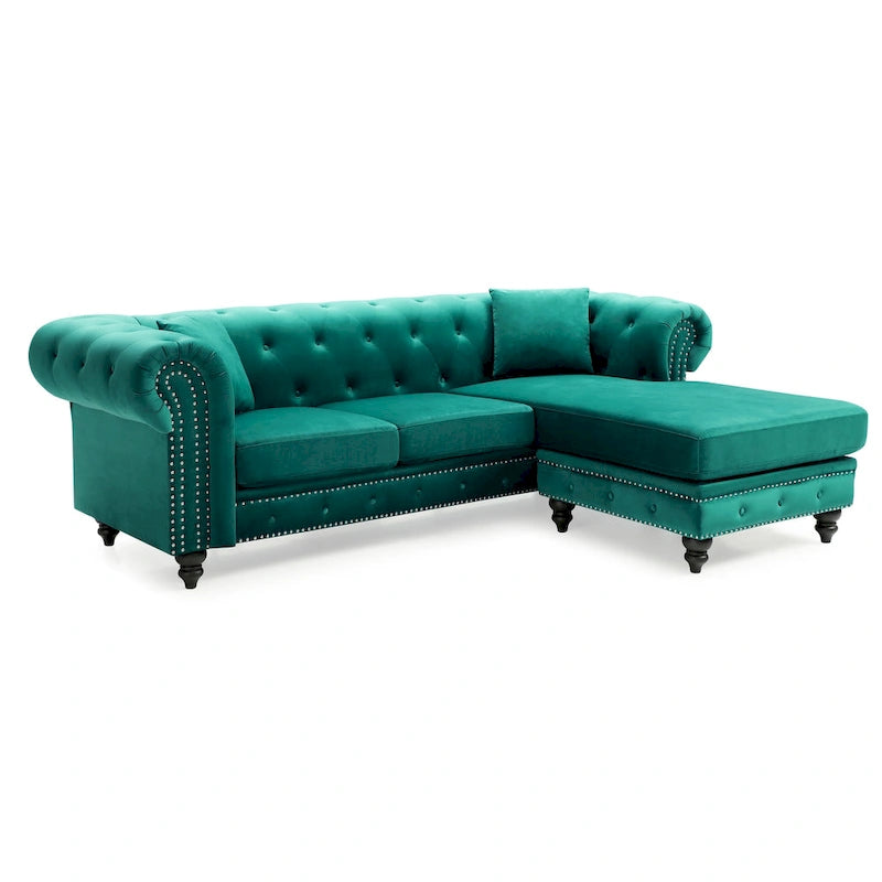 Traditional Velvet Sofa with Configurable Chaise — Nailhead Trim, Seats 3