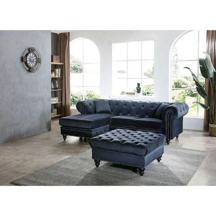 Traditional Velvet Sofa with Configurable Chaise — Nailhead Trim, Seats 3
