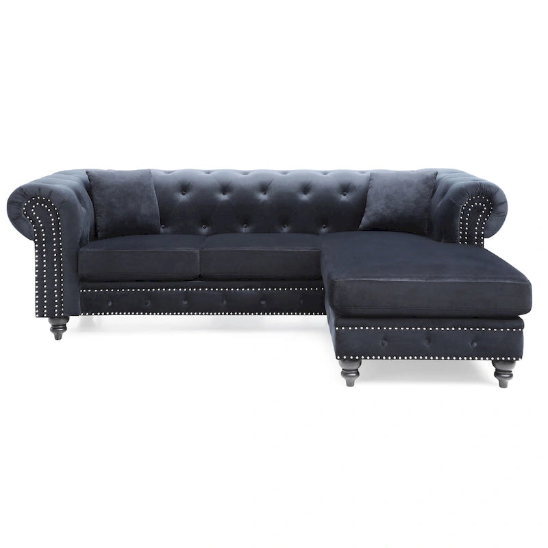 Traditional Velvet Sofa with Configurable Chaise — Nailhead Trim, Seats 3