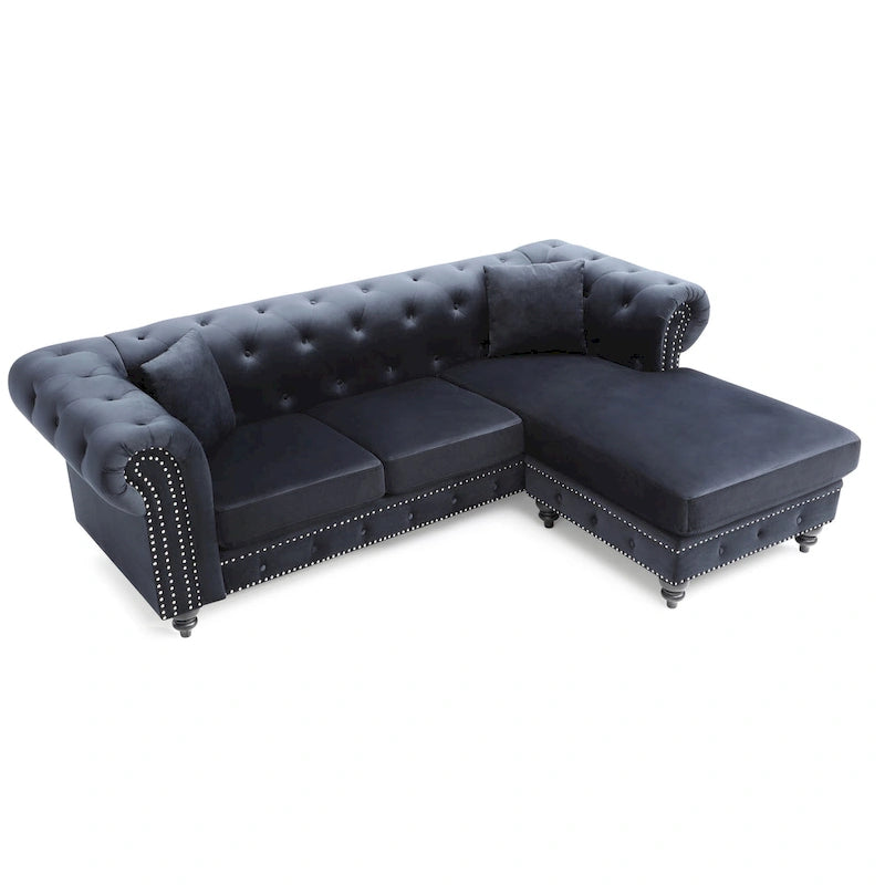 Traditional Velvet Sofa with Configurable Chaise — Nailhead Trim, Seats 3