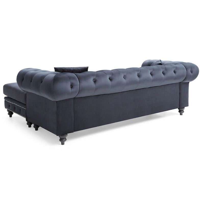 Traditional Velvet Sofa with Configurable Chaise — Nailhead Trim, Seats 3