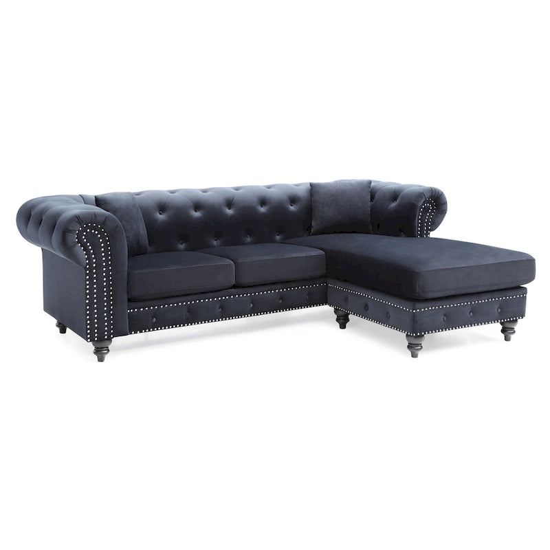 Traditional Velvet Sofa with Configurable Chaise — Nailhead Trim, Seats 3