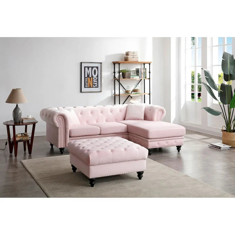 Traditional Velvet Sofa with Configurable Chaise — Nailhead Trim, Seats 3