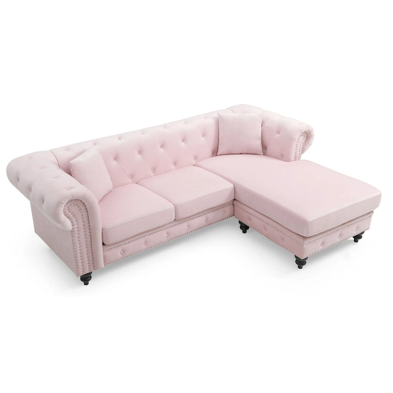 Traditional Velvet Sofa with Configurable Chaise — Nailhead Trim, Seats 3