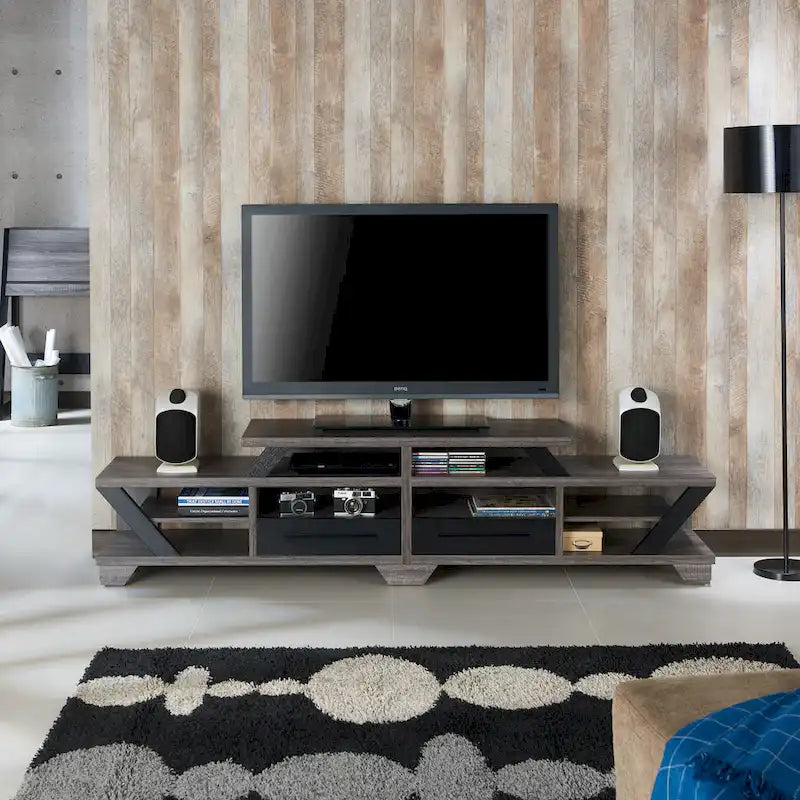 Modern Gray 82-Inch Wide Tiered TV Stand with Open Shelves & 2 Drawers
