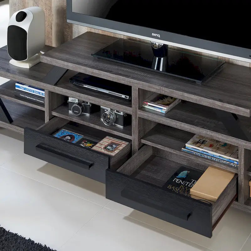 Modern Gray 82-Inch Wide Tiered TV Stand with Open Shelves & 2 Drawers