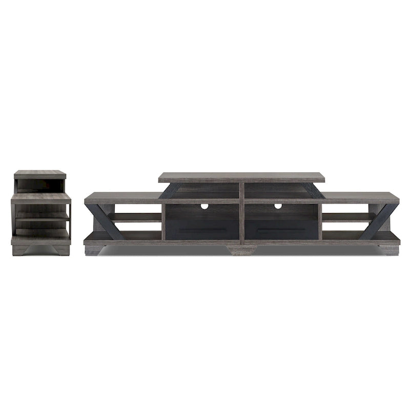 Modern Gray 82-Inch Wide Tiered TV Stand with Open Shelves & 2 Drawers