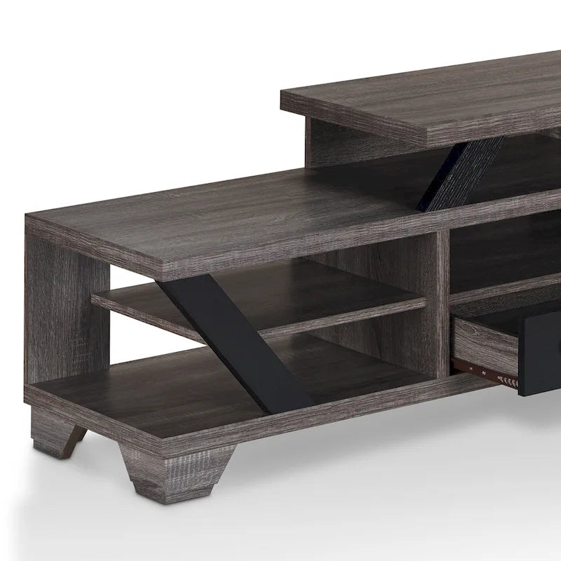 Modern Gray 82-Inch Wide Tiered TV Stand with Open Shelves & 2 Drawers
