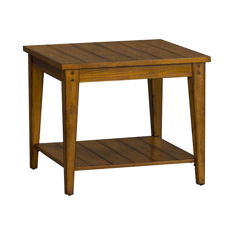 Oak Square Lamp Table — Poplar & Cathedral Oak Veneer, Medium Brown Finish