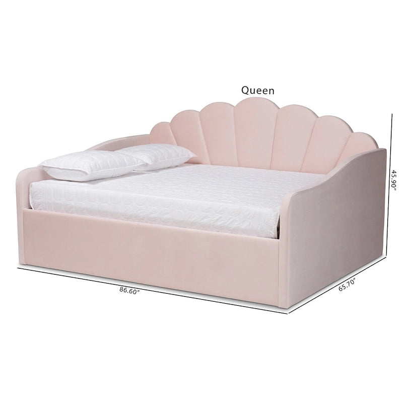 Modern Velvet Upholstered Daybed — Scalloped Seashell Design, Light Pink