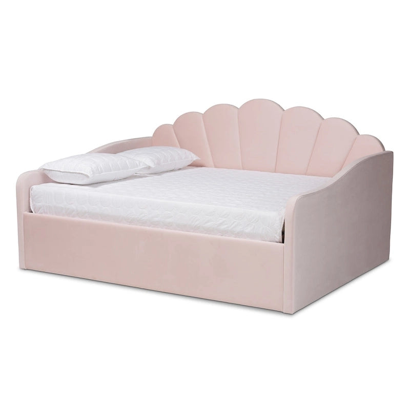 Modern Velvet Upholstered Daybed — Scalloped Seashell Design, Light Pink