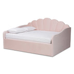 Modern Velvet Upholstered Daybed — Scalloped Seashell Design, Light Pink