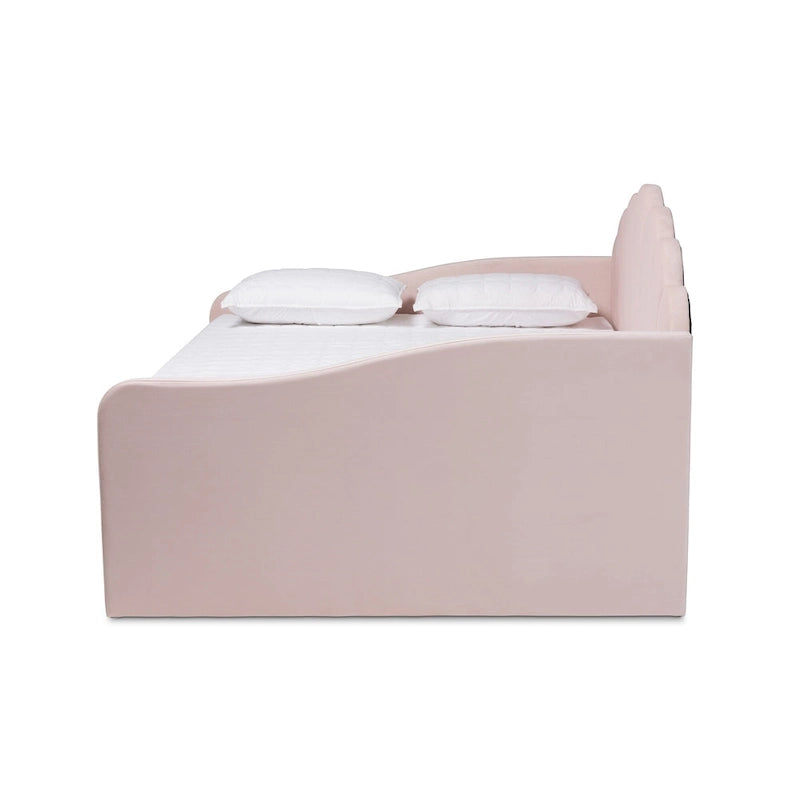 Modern Velvet Upholstered Daybed — Scalloped Seashell Design, Light Pink