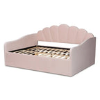 Modern Velvet Upholstered Daybed — Scalloped Seashell Design, Light Pink