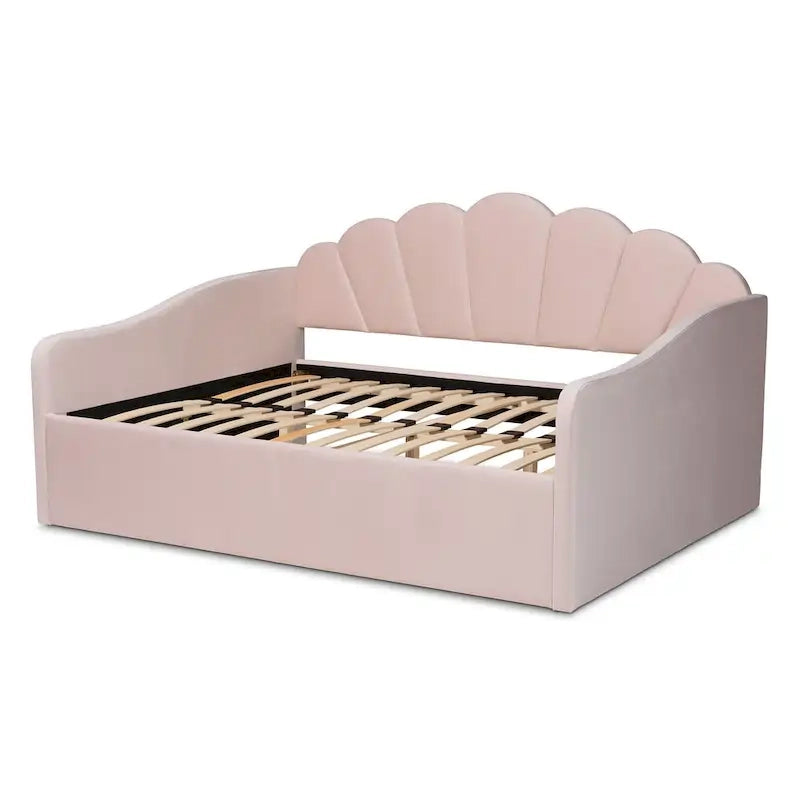 Modern Velvet Upholstered Daybed — Scalloped Seashell Design, Light Pink