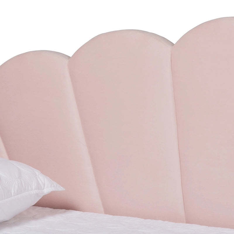 Modern Velvet Upholstered Daybed — Scalloped Seashell Design, Light Pink