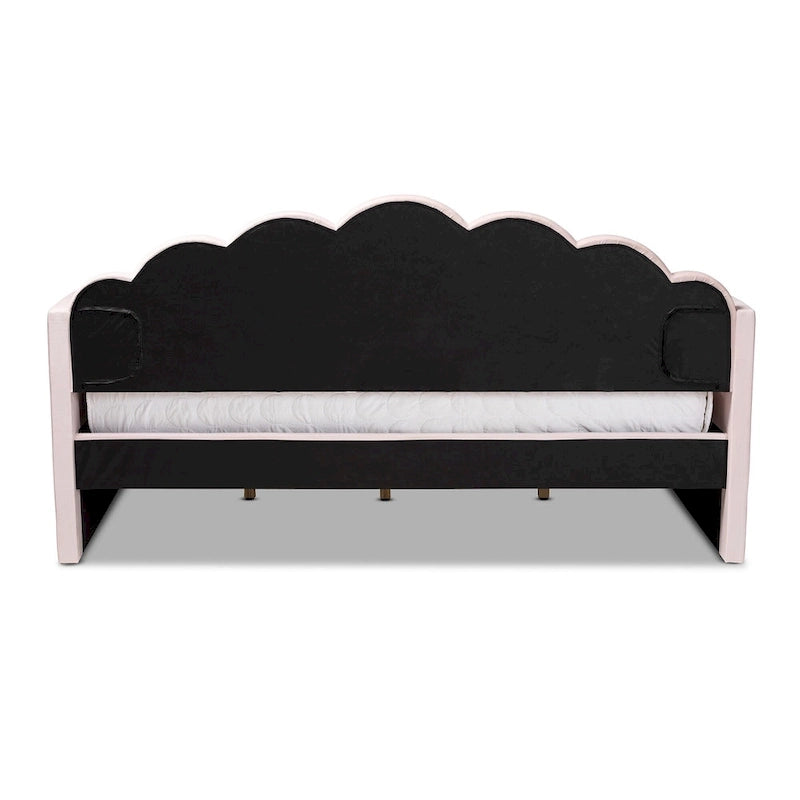 Modern Velvet Upholstered Daybed — Scalloped Seashell Design, Light Pink