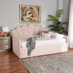 Modern Velvet Upholstered Daybed — Scalloped Seashell Design, Light Pink