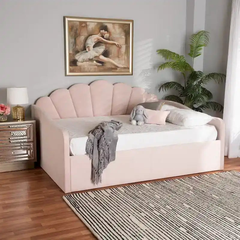 Modern Velvet Upholstered Daybed — Scalloped Seashell Design, Light Pink