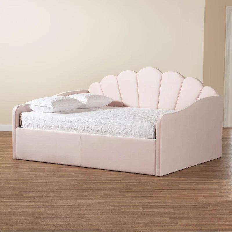 Modern Velvet Upholstered Daybed — Scalloped Seashell Design, Light Pink