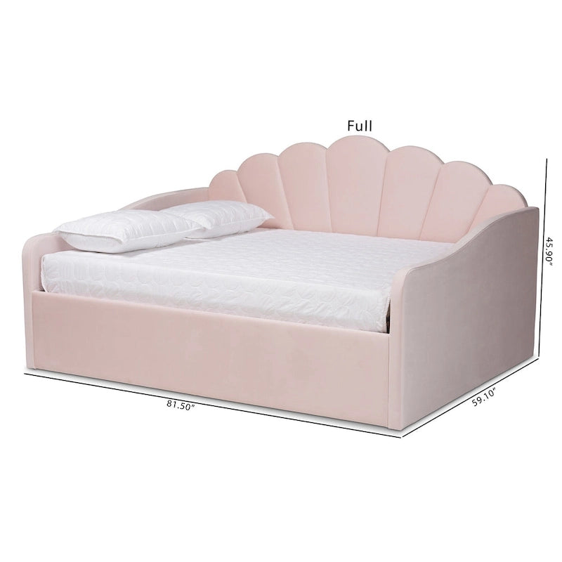 Modern Velvet Upholstered Daybed — Scalloped Seashell Design, Light Pink