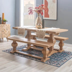 63-Inch Solid Pine Wood Dining Bench — Rustic Natural Finish, Double Pedestal