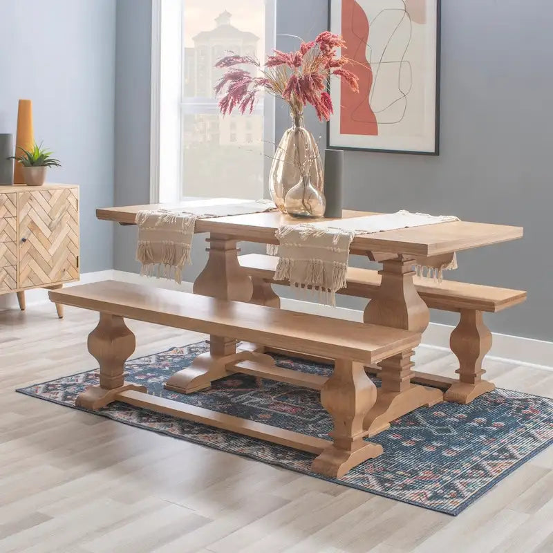 63-Inch Solid Pine Wood Dining Bench — Rustic Natural Finish, Double Pedestal