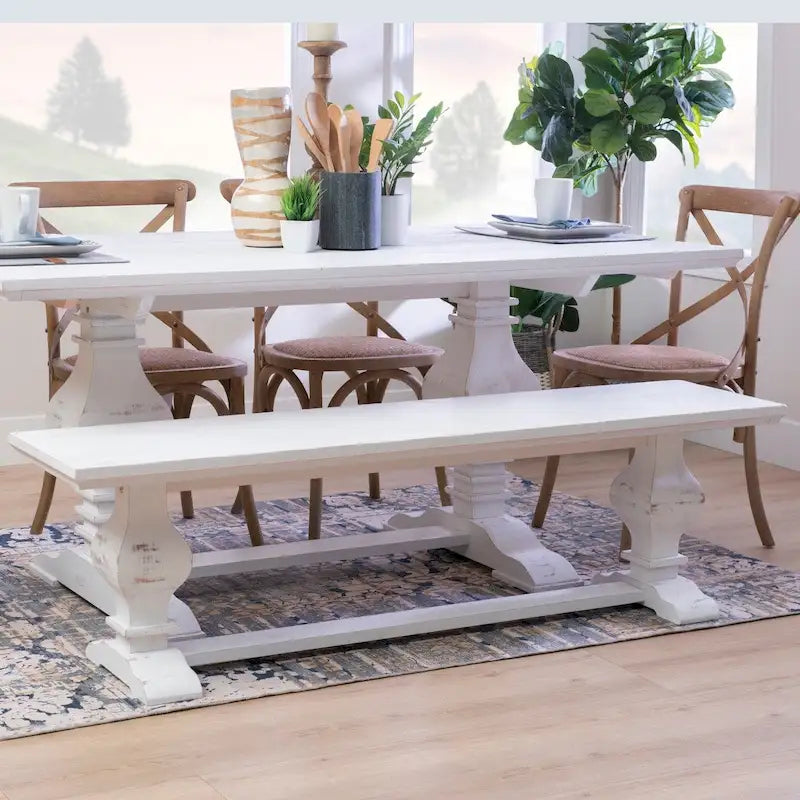 63-Inch Solid Pine Wood Dining Bench — Rustic Natural Finish, Double Pedestal