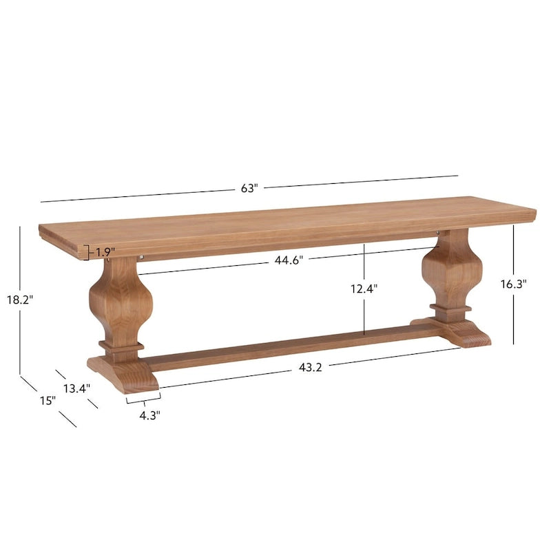 63-Inch Solid Pine Wood Dining Bench — Rustic Natural Finish, Double Pedestal