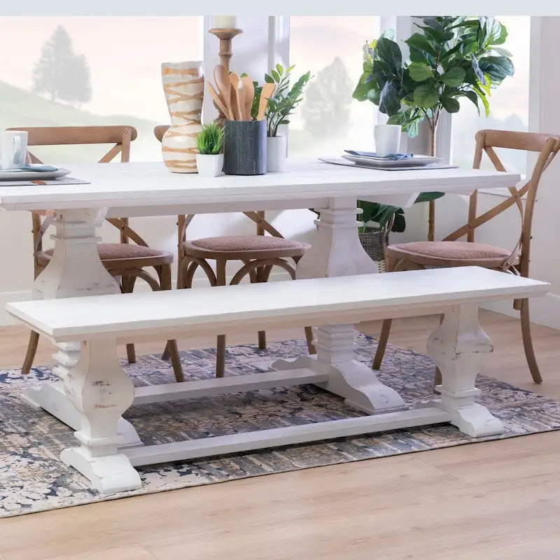 63-Inch Solid Pine Wood Dining Bench — Rustic Natural Finish, Double Pedestal