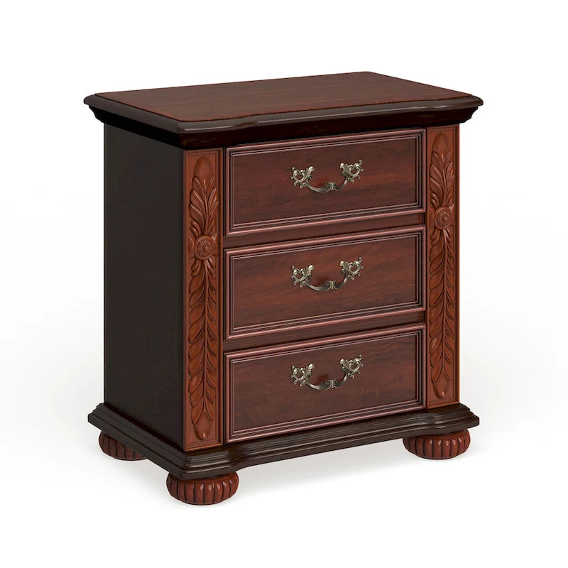 Traditional Cherry Solid Wood 3-Drawer Nightstand with Carved Detail