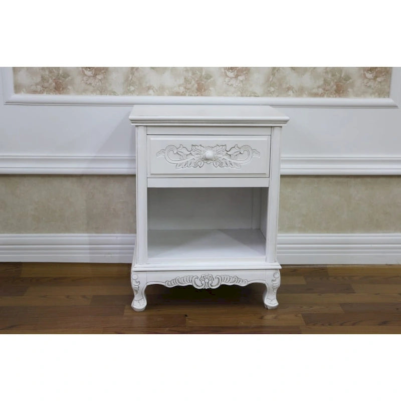 Hand-Carved Hardwood 1-Drawer Night Stand — Antique White Distressed Finish