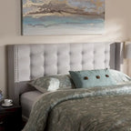 King Size Contemporary Wingback Headboard — Button-Tufted Greyish Beige Fabric