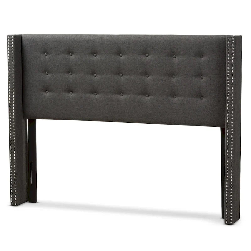 King Size Contemporary Wingback Headboard — Button-Tufted Greyish Beige Fabric