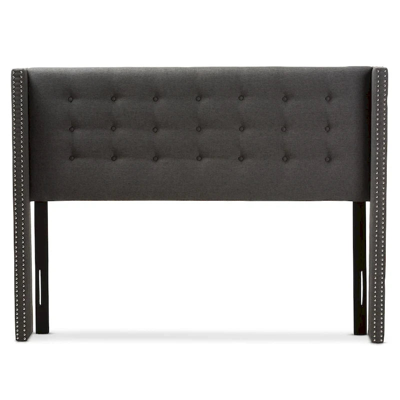 King Size Contemporary Wingback Headboard — Button-Tufted Greyish Beige Fabric