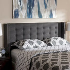 King Size Contemporary Wingback Headboard — Button-Tufted Greyish Beige Fabric