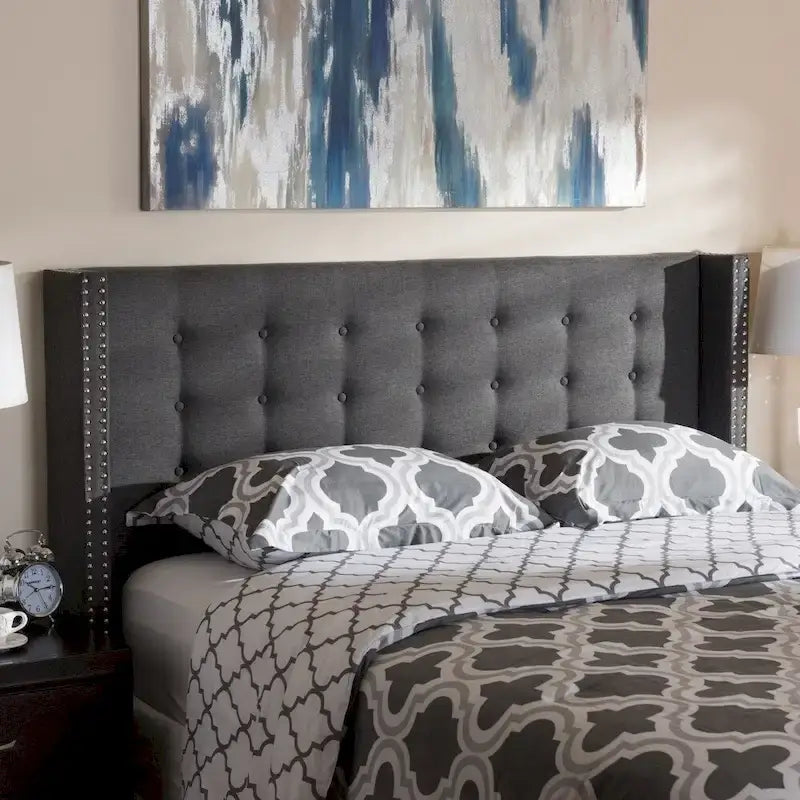 King Size Contemporary Wingback Headboard — Button-Tufted Greyish Beige Fabric
