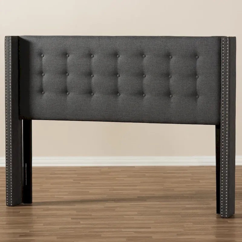 King Size Contemporary Wingback Headboard — Button-Tufted Greyish Beige Fabric
