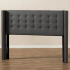 King Size Contemporary Wingback Headboard — Button-Tufted Greyish Beige Fabric