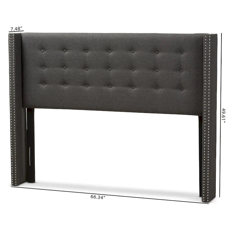 King Size Contemporary Wingback Headboard — Button-Tufted Greyish Beige Fabric