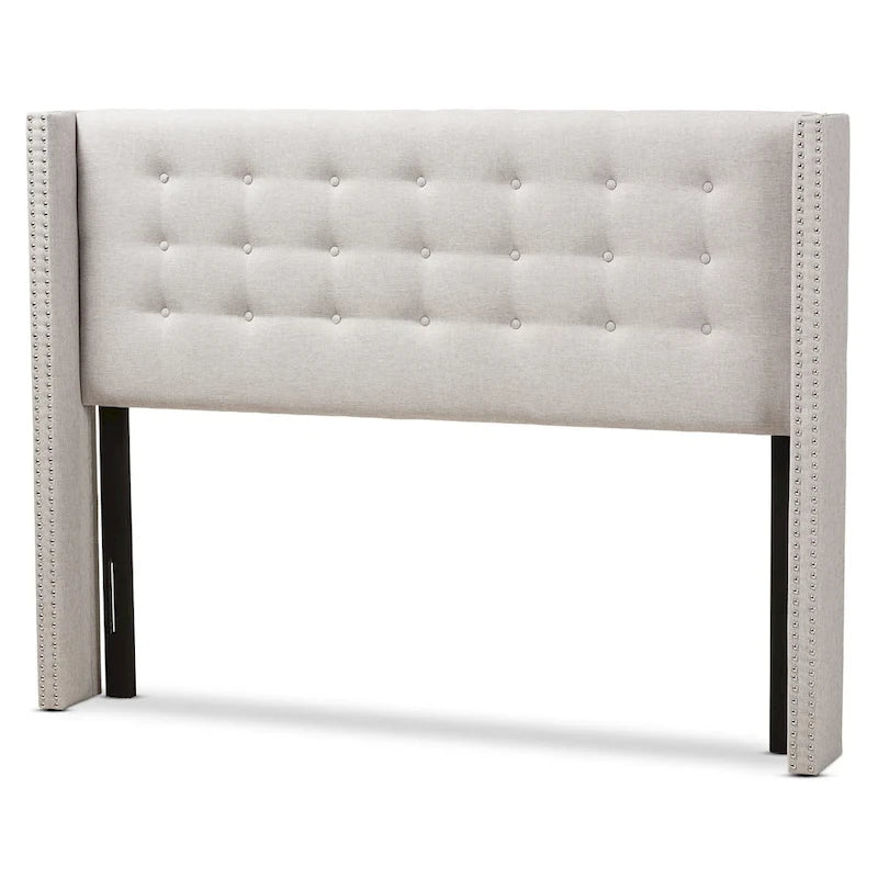 King Size Contemporary Wingback Headboard — Button-Tufted Greyish Beige Fabric