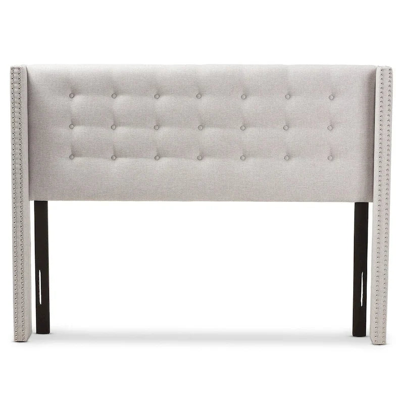 King Size Contemporary Wingback Headboard — Button-Tufted Greyish Beige Fabric