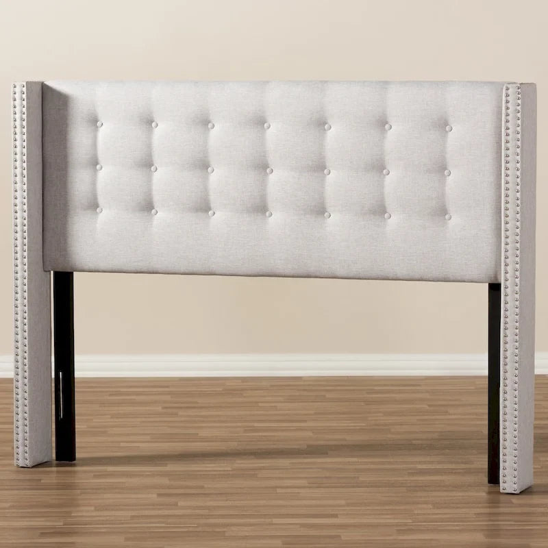 King Size Contemporary Wingback Headboard — Button-Tufted Greyish Beige Fabric