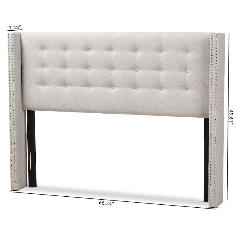 King Size Contemporary Wingback Headboard — Button-Tufted Greyish Beige Fabric