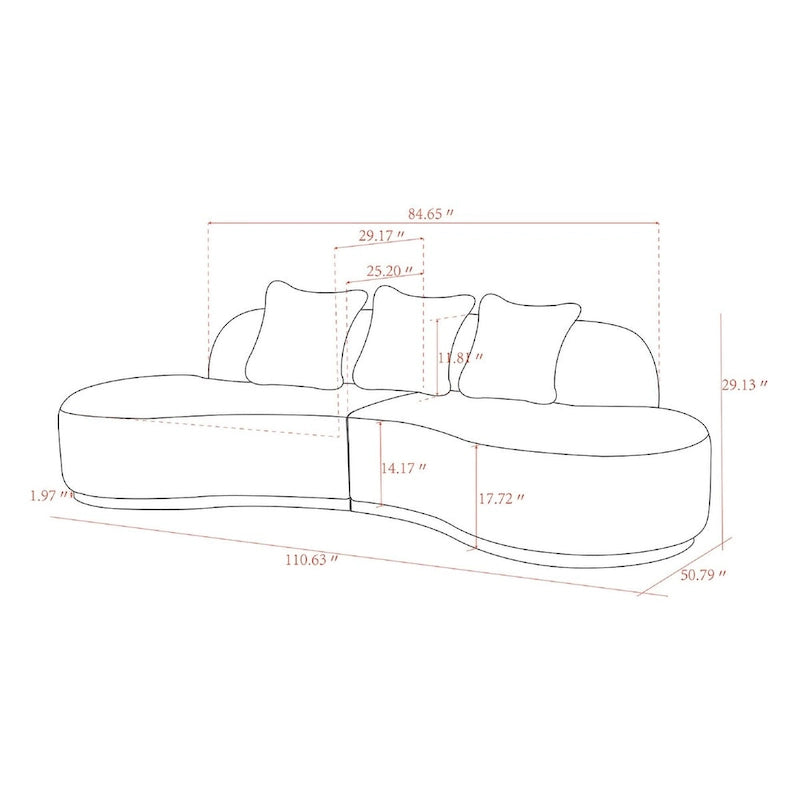 Curved Sculptural Sofa with 3 Pillows — Pet-Friendly Polyester, White or Grey