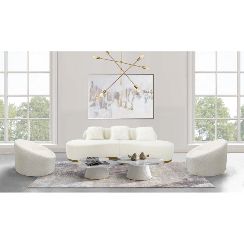 Curved Sculptural Sofa with 3 Pillows — Pet-Friendly Polyester, White or Grey