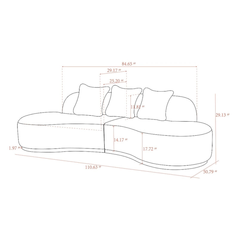Curved Sculptural Sofa with 3 Pillows — Pet-Friendly Polyester, White or Grey