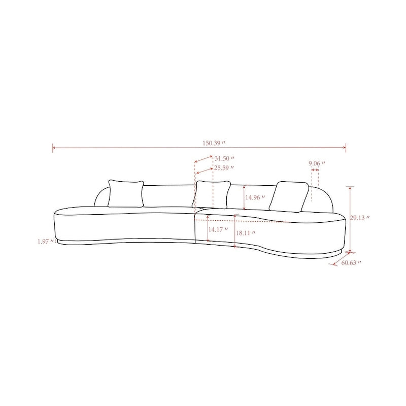 Curved Sculptural Sofa with 3 Pillows — Pet-Friendly Polyester, White or Grey