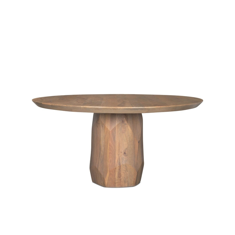 60-Inch Round Solid Wood Dining Table — Light Brown Beveled Sculpted Base